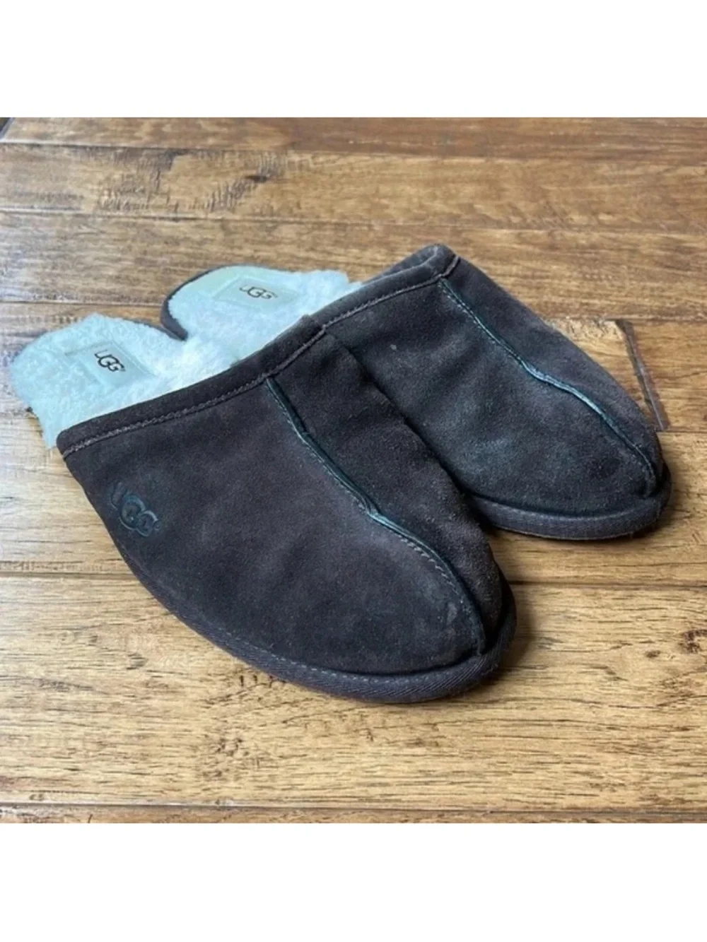 Ugg Scuff Slippers House Shoes Brown Suede Wool Shearling Lined Mens Size 10